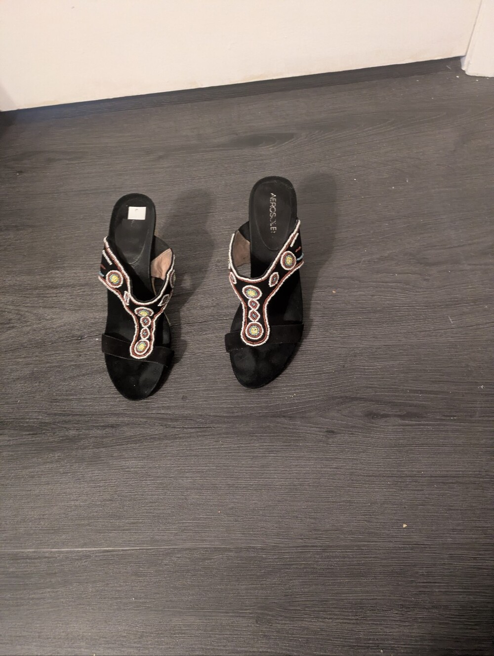 AEROSOLES Black Embellished T-Strap Heels